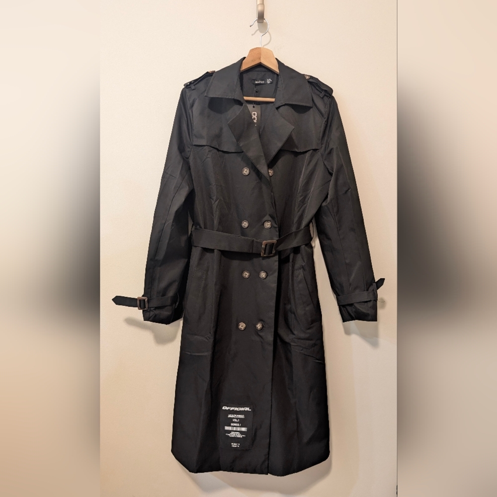 Boohoo Classic Black Double-Breasted Women's Trench Coat With Logo Size 8